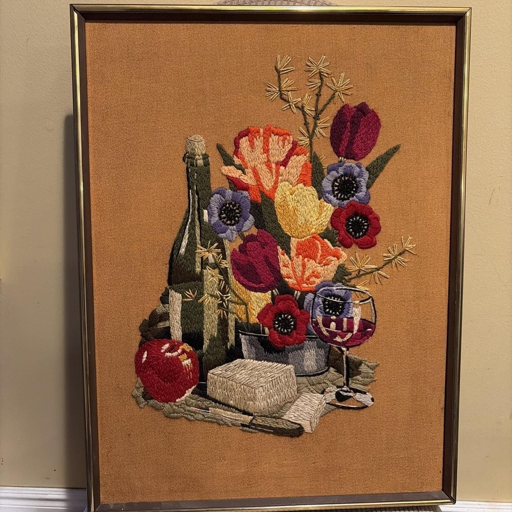 Vtg 70's Paragon Still Life Crewel Picture Wine Flowers Cheese Grannycore Framed